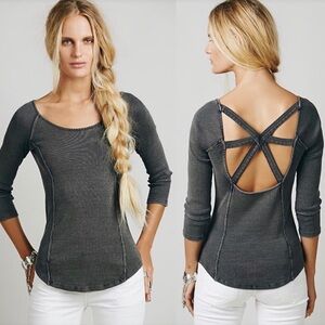 Free People Star Crossed Top Gray 3/4 Sleeve Ribbed Shirt sz m